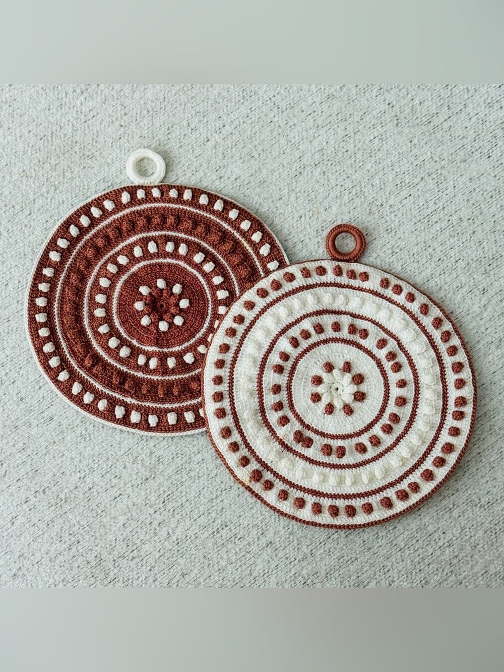 Vintage 70s Handmade Round Crochet Pot Holders Cream and Rust Brown